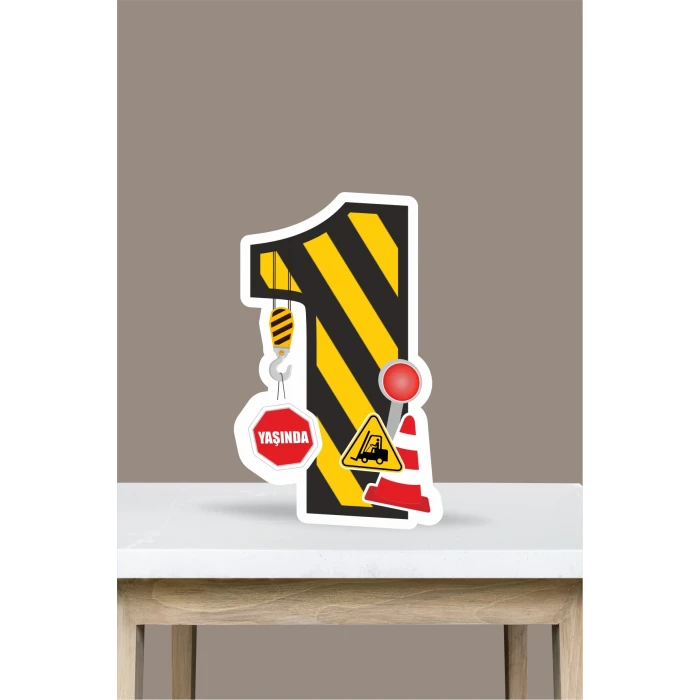 İş Makinaları Temalı Ayaklı Rakam Pano - 1 Yaş (40 cm)