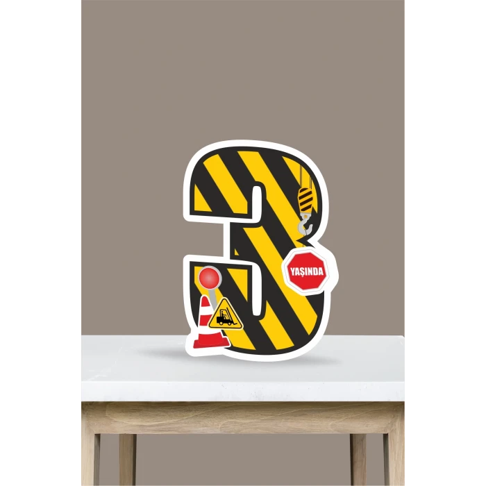 İş Makinaları Temalı Ayaklı Rakam Pano - 3 Yaş (40 cm)