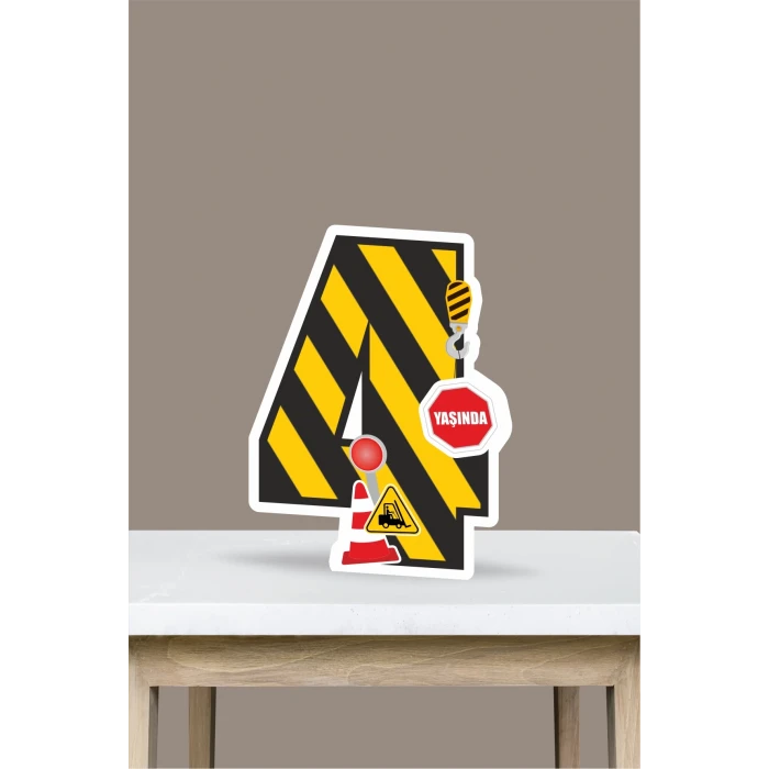 İş Makinaları Temalı Ayaklı Rakam Pano - 4 Yaş (40 cm)