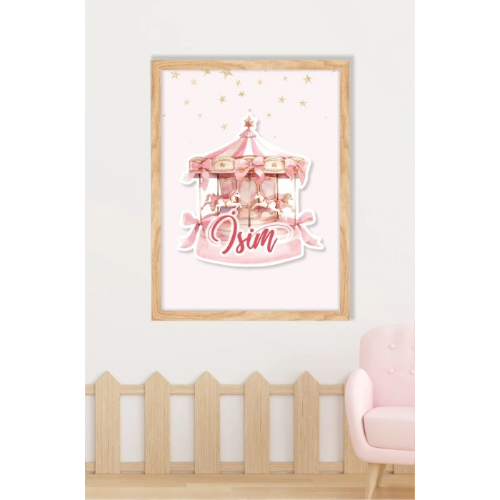 İsme Özel Boyutlu Atlıkarınca Pembe Ahşap Çerçeve 30x40cm Tablo, Hastane Odası Kapı Süsü, Çocuk Odası, Dekorasyon