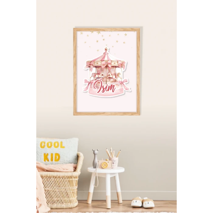 İsme Özel Boyutlu Atlıkarınca Pembe Ahşap Çerçeve 30x40cm Tablo, Hastane Odası Kapı Süsü, Çocuk Odası, Dekorasyon