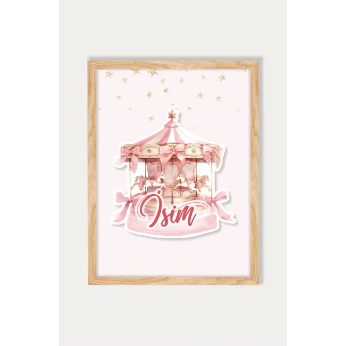 İsme Özel Boyutlu Atlıkarınca Pembe Ahşap Çerçeve 30x40cm Tablo, Hastane Odası Kapı Süsü, Çocuk Odası, Dekorasyon