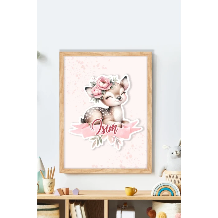 İsme Özel Boyutlu Baby Deer Ahşap Çerçeve 30x40cm Tablo, Hastane Odası Kapı Süsü, Çocuk Odası, Dekorasyon