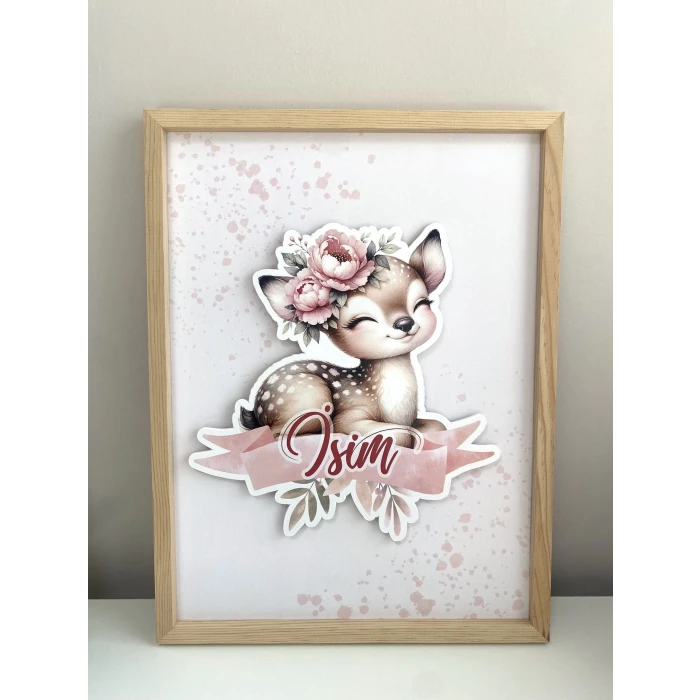 İsme Özel Boyutlu Baby Deer Ahşap Çerçeve 30x40cm Tablo, Hastane Odası Kapı Süsü, Çocuk Odası, Dekorasyon