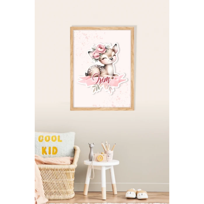 İsme Özel Boyutlu Baby Deer Ahşap Çerçeve 30x40cm Tablo, Hastane Odası Kapı Süsü, Çocuk Odası, Dekorasyon