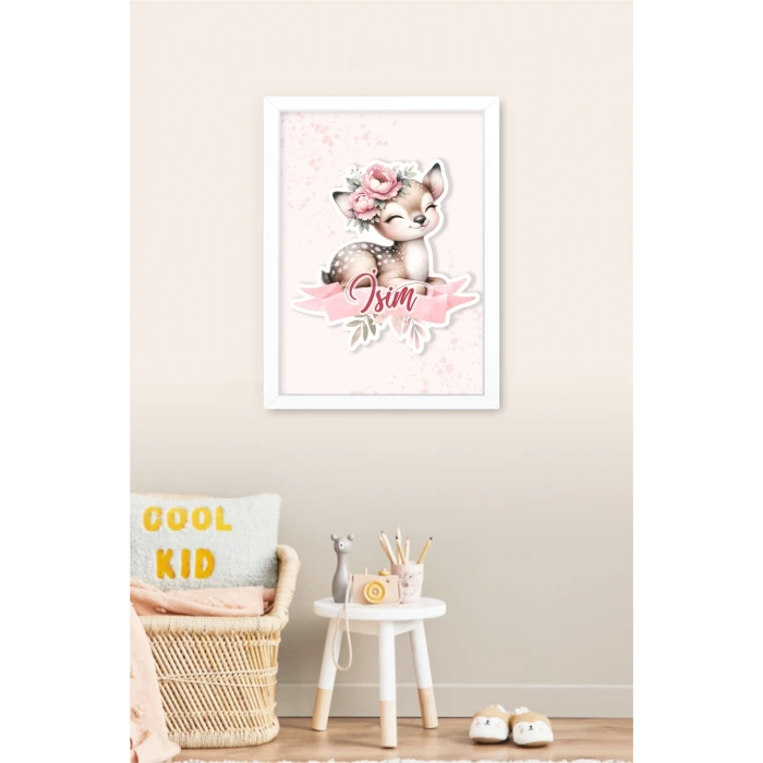 İsme Özel Boyutlu Baby  Deer Beyaz Çerçeve 30x40 cm Tablo, Hastane Odası Kapı Süsü, Çocuk Odası, Dekorasyon