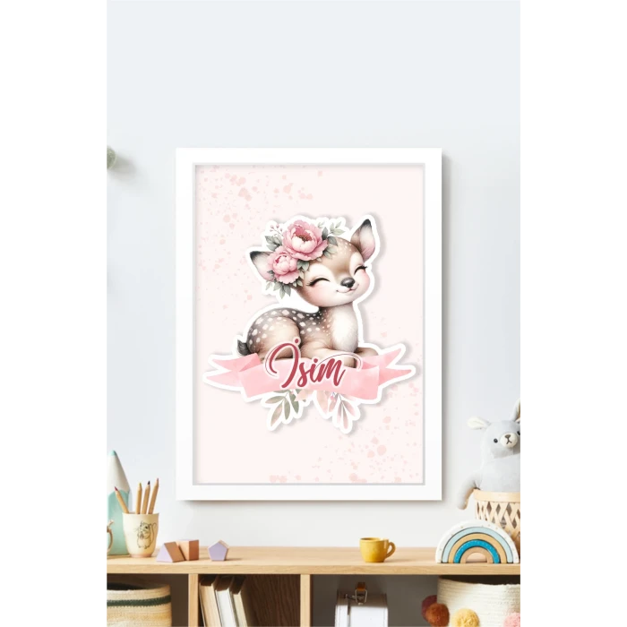 İsme Özel Boyutlu Baby  Deer Beyaz Çerçeve 30x40 cm Tablo, Hastane Odası Kapı Süsü, Çocuk Odası, Dekorasyon