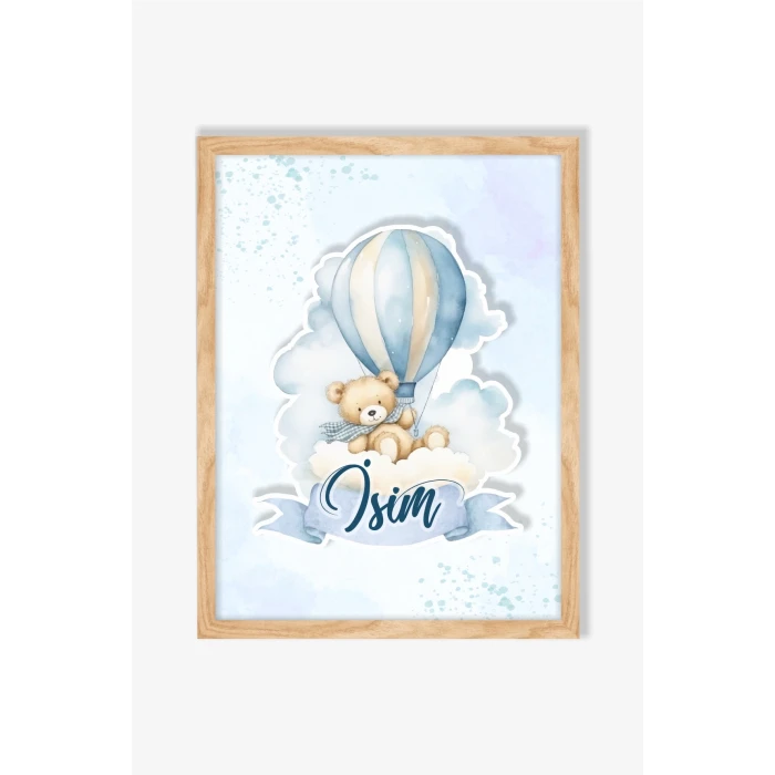 İsme Özel Boyutlu Balon Ayıcık Figürlü Ahşap Çerçeve 30x40 cm Tablo, Hastane Odası Kapı Süsü, Çocuk Odası, Dekorasyon