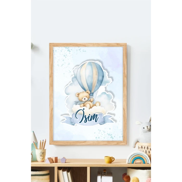 İsme Özel Boyutlu Balon Ayıcık Figürlü Ahşap Çerçeve 30x40 cm Tablo, Hastane Odası Kapı Süsü, Çocuk Odası, Dekorasyon