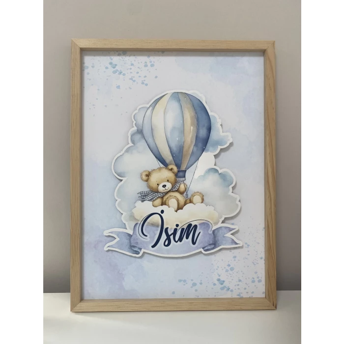 İsme Özel Boyutlu Balon Ayıcık Figürlü Ahşap Çerçeve 30x40 cm Tablo, Hastane Odası Kapı Süsü, Çocuk Odası, Dekorasyon