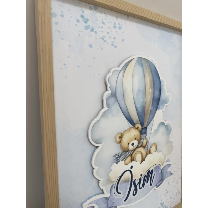 İsme Özel Boyutlu Balon Ayıcık Figürlü Ahşap Çerçeve 30x40 cm Tablo, Hastane Odası Kapı Süsü, Çocuk Odası, Dekorasyon