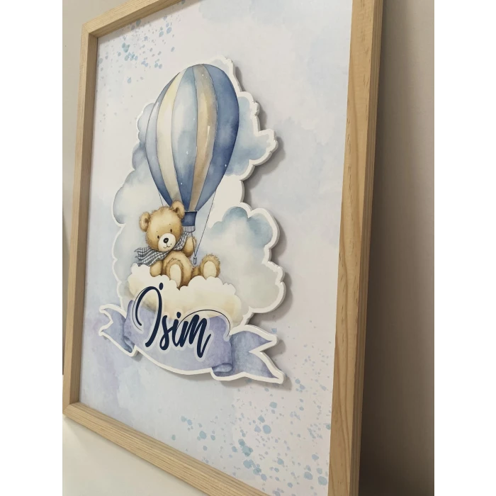 İsme Özel Boyutlu Balon Ayıcık Figürlü Ahşap Çerçeve 30x40 cm Tablo, Hastane Odası Kapı Süsü, Çocuk Odası, Dekorasyon