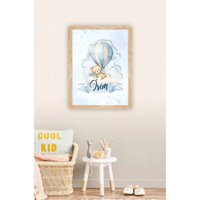 İsme Özel Boyutlu Balon Ayıcık Figürlü Ahşap Çerçeve 30x40 cm Tablo, Hastane Odası Kapı Süsü, Çocuk Odası, Dekorasyon