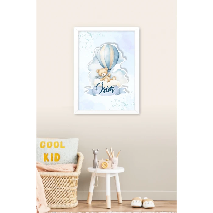 İsme Özel Boyutlu Balon Ayıcık Figürlü Beyaz Çerçeve 30x40 cm Tablo, Hastane Odası Kapı Süsü, Çocuk Odası, Dekorasyon