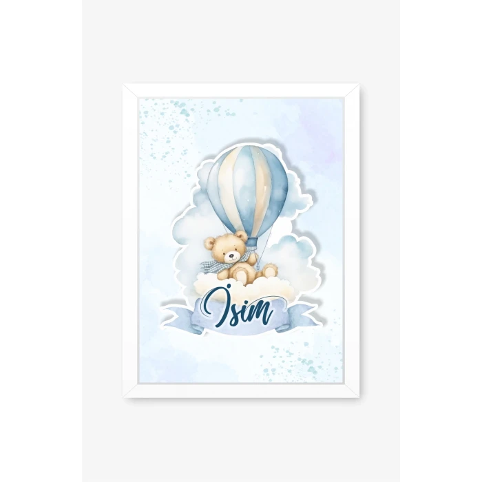 İsme Özel Boyutlu Balon Ayıcık Figürlü Beyaz Çerçeve 30x40 cm Tablo, Hastane Odası Kapı Süsü, Çocuk Odası, Dekorasyon