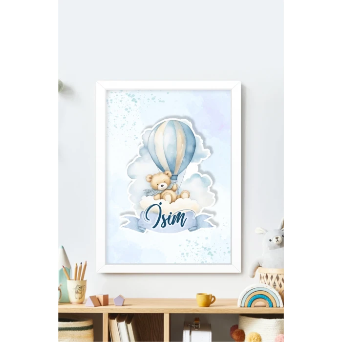 İsme Özel Boyutlu Balon Ayıcık Figürlü Beyaz Çerçeve 30x40 cm Tablo, Hastane Odası Kapı Süsü, Çocuk Odası, Dekorasyon