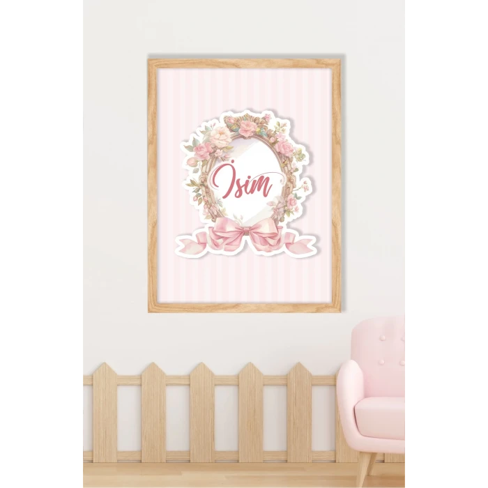 İsme Özel Boyutlu Flowers Pembe Ahşap Çerçeve 30x40cm Tablo, Hastane Odası Kapı Süsü, Çocuk Odası, Dekorasyon