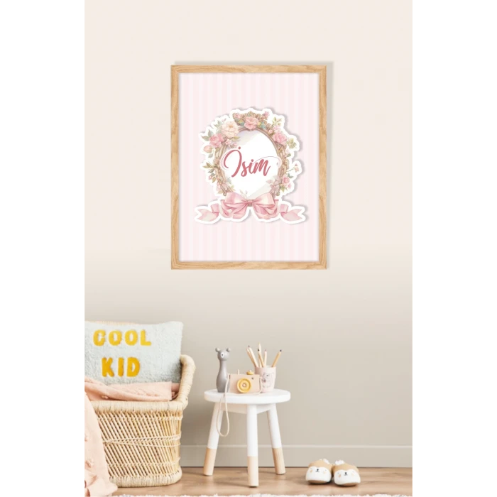 İsme Özel Boyutlu Flowers Pembe Ahşap Çerçeve 30x40cm Tablo, Hastane Odası Kapı Süsü, Çocuk Odası, Dekorasyon