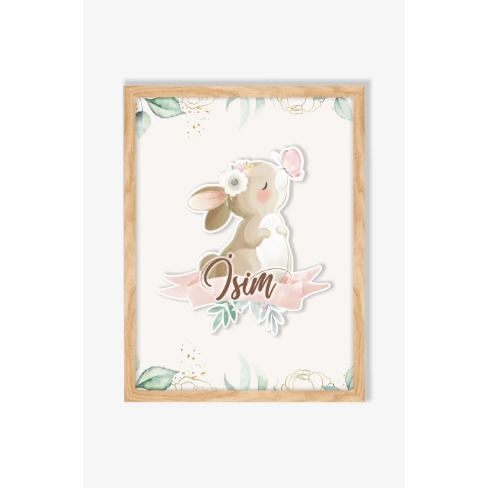 İsme Özel Boyutlu Kelebekli Tavşan Ahşap Çerçeve 30x40 cm Tablo, Hastane Odası Kapı Süsü, Çocuk Odası, Dekorasyon