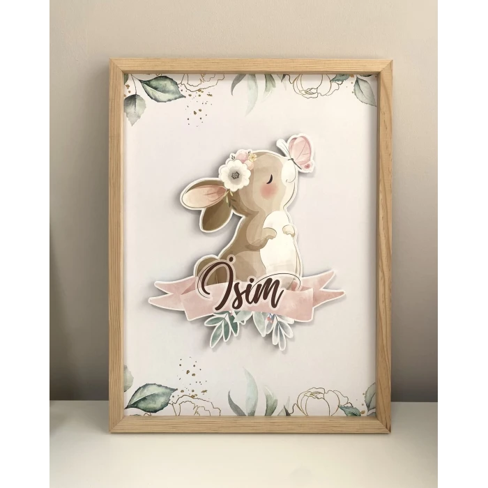 İsme Özel Boyutlu Kelebekli Tavşan Ahşap Çerçeve 30x40 cm Tablo, Hastane Odası Kapı Süsü, Çocuk Odası, Dekorasyon