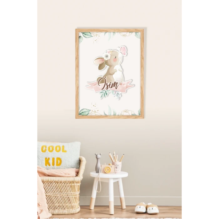İsme Özel Boyutlu Kelebekli Tavşan Ahşap Çerçeve 30x40 cm Tablo, Hastane Odası Kapı Süsü, Çocuk Odası, Dekorasyon