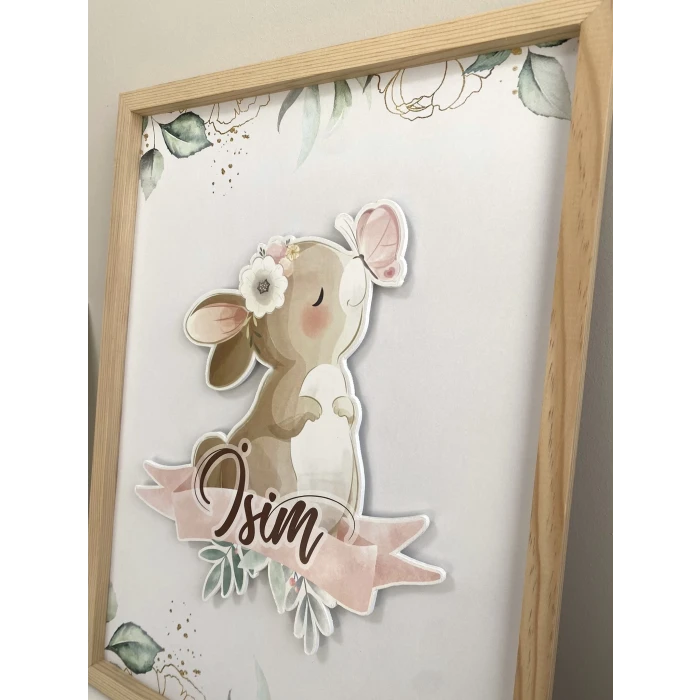 İsme Özel Boyutlu Kelebekli Tavşan Ahşap Çerçeve 30x40 cm Tablo, Hastane Odası Kapı Süsü, Çocuk Odası, Dekorasyon