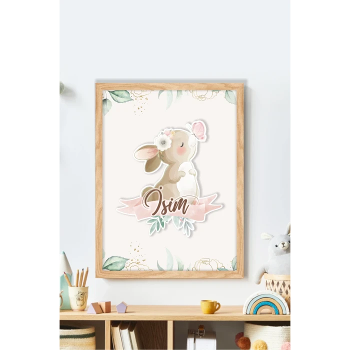 İsme Özel Boyutlu Kelebekli Tavşan Ahşap Çerçeve 30x40 cm Tablo, Hastane Odası Kapı Süsü, Çocuk Odası, Dekorasyon
