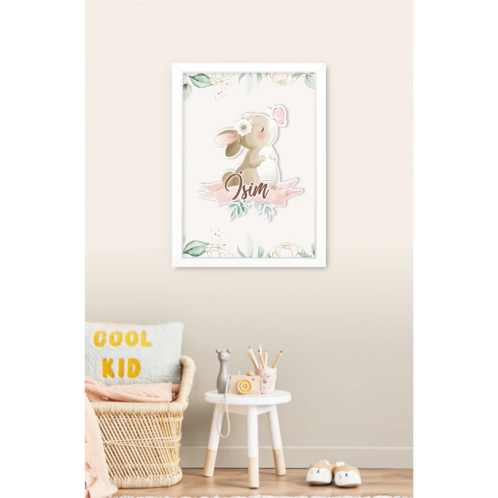 İsme Özel Boyutlu Kelebekli Tavşan Beyaz Çerçeve 30x40 cm Tablo, Hastane Odası Kapı Süsü, Çocuk Odası, Dekorasyon