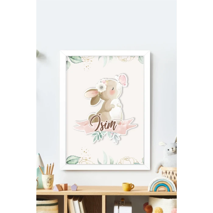 İsme Özel Boyutlu Kelebekli Tavşan Beyaz Çerçeve 30x40 cm Tablo, Hastane Odası Kapı Süsü, Çocuk Odası, Dekorasyon