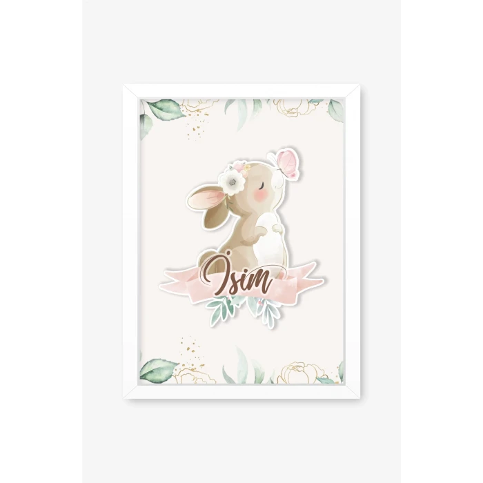 İsme Özel Boyutlu Kelebekli Tavşan Beyaz Çerçeve 30x40 cm Tablo, Hastane Odası Kapı Süsü, Çocuk Odası, Dekorasyon