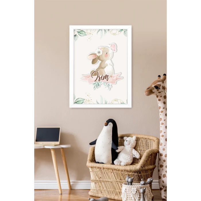 İsme Özel Boyutlu Kelebekli Tavşan Beyaz Çerçeve 30x40 cm Tablo, Hastane Odası Kapı Süsü, Çocuk Odası, Dekorasyon