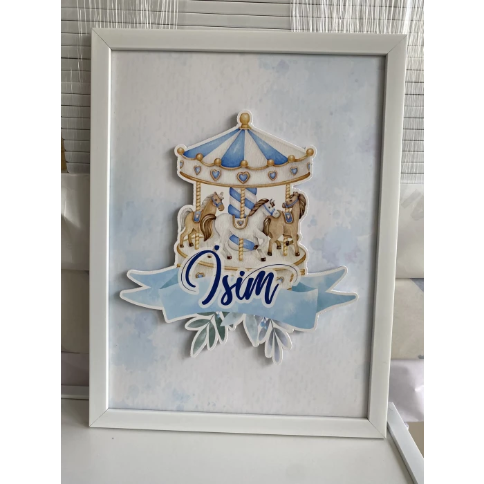 İsme Özel Boyutlu Mavi Atlıkarınca Beyaz Çerçeve 30x40 cm Tablo, Hastane Odası Kapı Süsü, Çocuk Odası, Dekorasyon