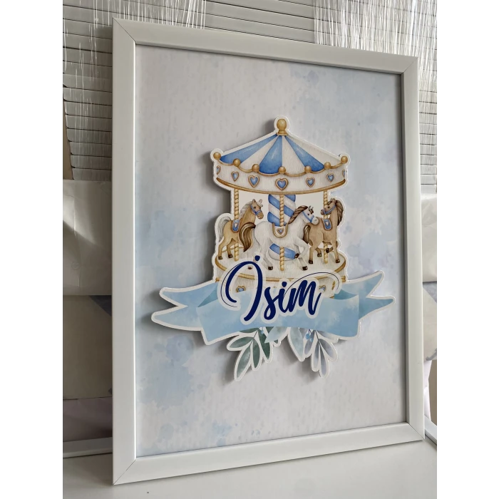 İsme Özel Boyutlu Mavi Atlıkarınca Beyaz Çerçeve 30x40 cm Tablo, Hastane Odası Kapı Süsü, Çocuk Odası, Dekorasyon