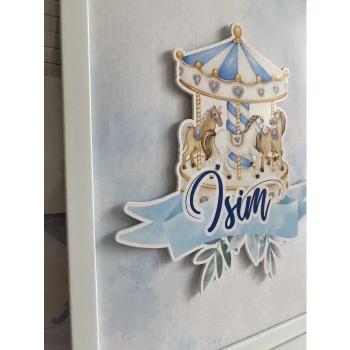 İsme Özel Boyutlu Mavi Atlıkarınca Beyaz Çerçeve 30x40 cm Tablo, Hastane Odası Kapı Süsü, Çocuk Odası, Dekorasyon