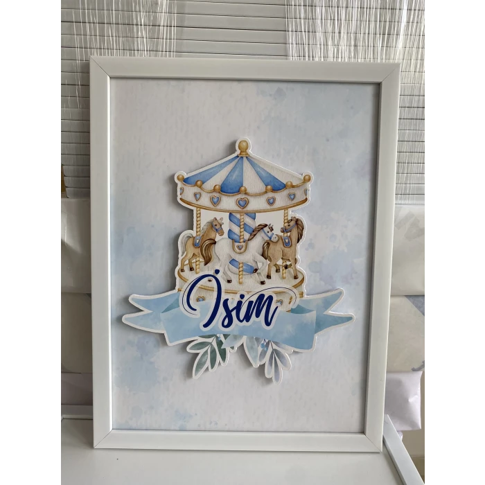 İsme Özel Boyutlu Mavi Atlıkarınca Beyaz Çerçeve 30x40 cm Tablo, Hastane Odası Kapı Süsü, Çocuk Odası, Dekorasyon