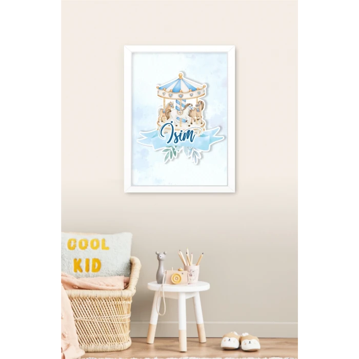 İsme Özel Boyutlu Mavi Atlıkarınca Beyaz Çerçeve 30x40 cm Tablo, Hastane Odası Kapı Süsü, Çocuk Odası, Dekorasyon