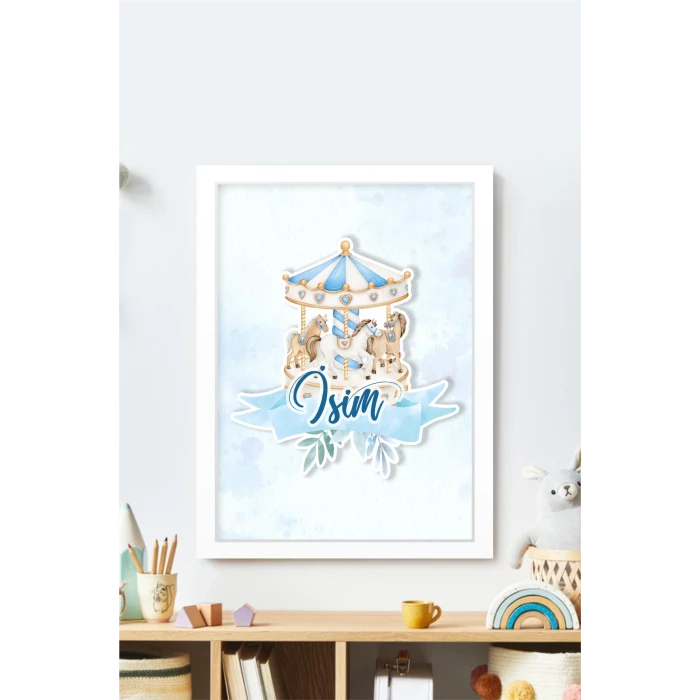 İsme Özel Boyutlu Mavi Atlıkarınca Beyaz Çerçeve 30x40 cm Tablo, Hastane Odası Kapı Süsü, Çocuk Odası, Dekorasyon