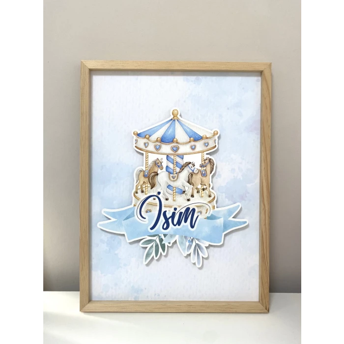 İsme Özel Boyutlu Mavi Atlıkarınca Figürlü Ahşap Çerçeve 30x40 cm Tablo, Hastane Odası Kapı Süsü, Çocuk Odası, Dekorasyon