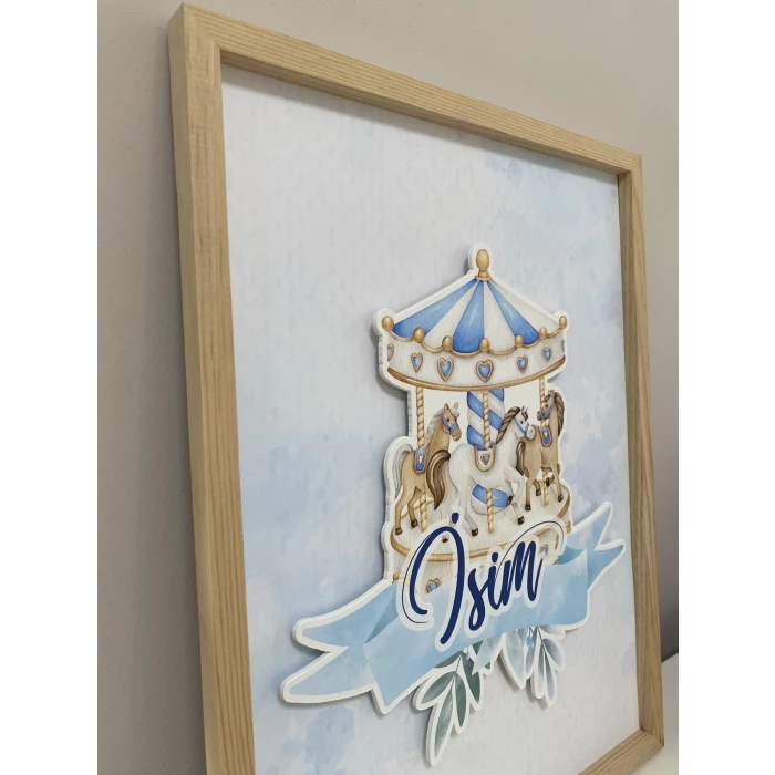 İsme Özel Boyutlu Mavi Atlıkarınca Figürlü Ahşap Çerçeve 30x40 cm Tablo, Hastane Odası Kapı Süsü, Çocuk Odası, Dekorasyon