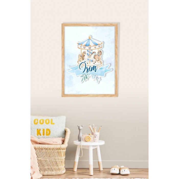 İsme Özel Boyutlu Mavi Atlıkarınca Figürlü Ahşap Çerçeve 30x40 cm Tablo, Hastane Odası Kapı Süsü, Çocuk Odası, Dekorasyon