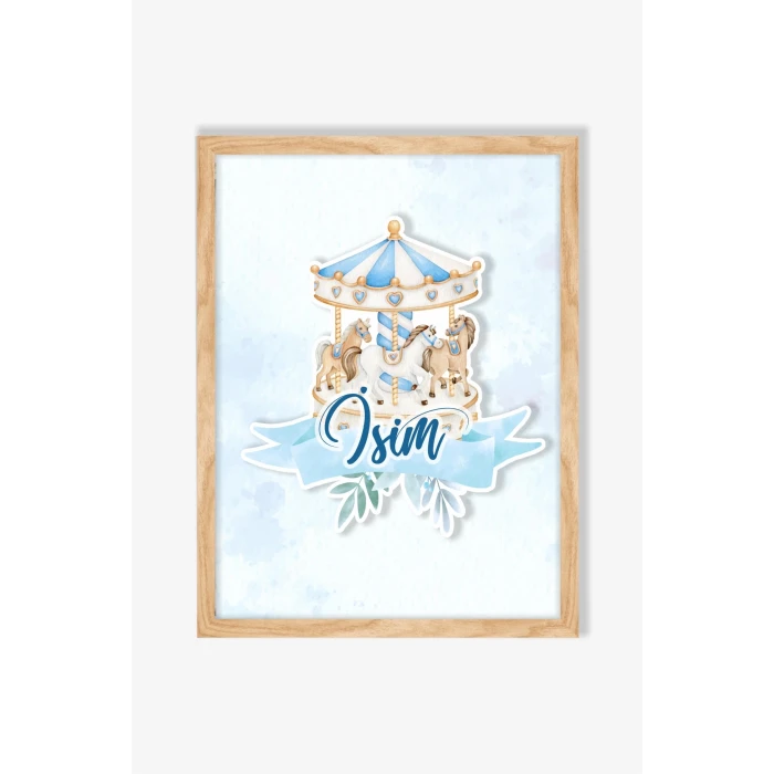 İsme Özel Boyutlu Mavi Atlıkarınca Figürlü Ahşap Çerçeve 30x40 cm Tablo, Hastane Odası Kapı Süsü, Çocuk Odası, Dekorasyon