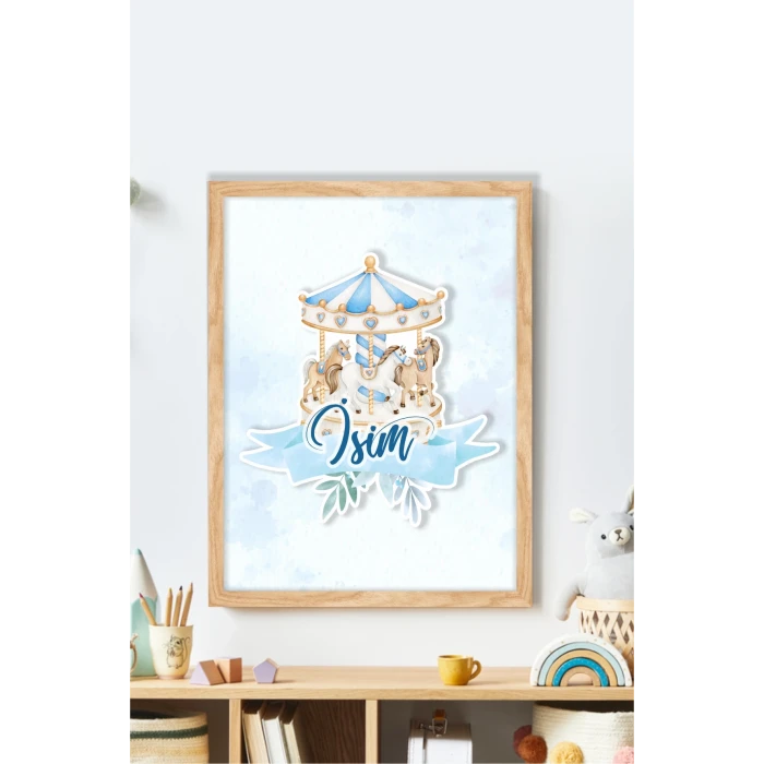 İsme Özel Boyutlu Mavi Atlıkarınca Figürlü Ahşap Çerçeve 30x40 cm Tablo, Hastane Odası Kapı Süsü, Çocuk Odası, Dekorasyon