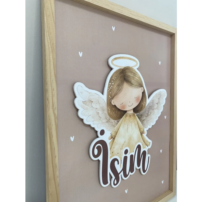 İsme Özel Boyutlu Melek Figürlü Ahşap Çerçeve 30x40 cm Tablo, Hastane Odası Kapı Süsü, Çocuk Odası, Dekorasyon