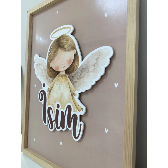 İsme Özel Boyutlu Melek Figürlü Ahşap Çerçeve 30x40 cm Tablo, Hastane Odası Kapı Süsü, Çocuk Odası, Dekorasyon