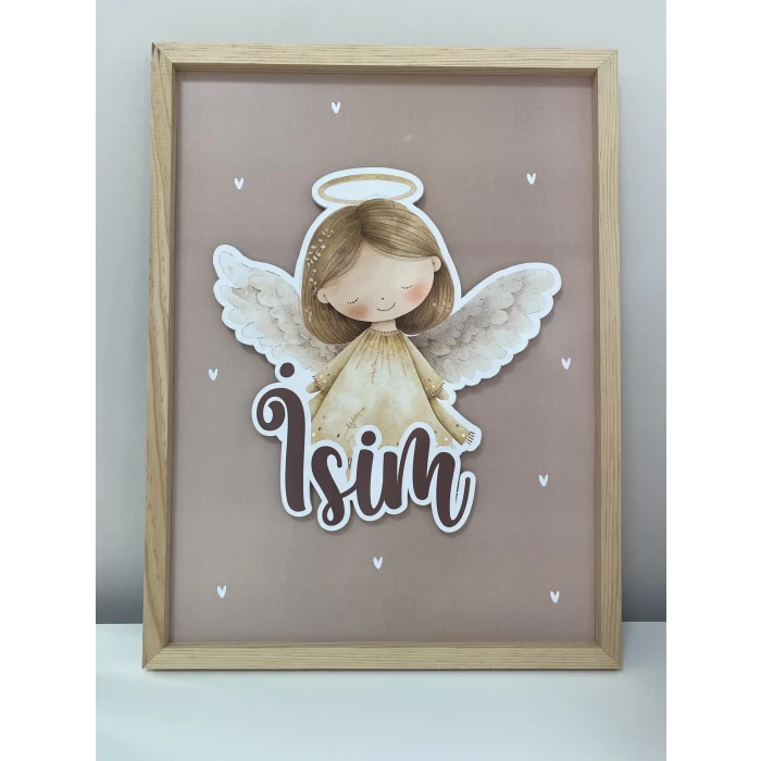 İsme Özel Boyutlu Melek Figürlü Ahşap Çerçeve 30x40 cm Tablo, Hastane Odası Kapı Süsü, Çocuk Odası, Dekorasyon