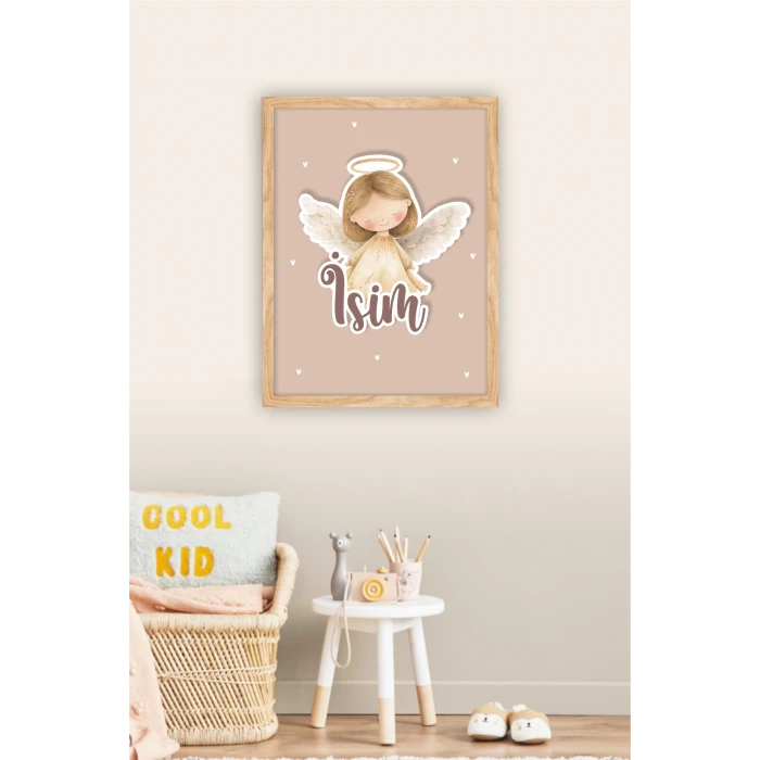 İsme Özel Boyutlu Melek Figürlü Ahşap Çerçeve 30x40 cm Tablo, Hastane Odası Kapı Süsü, Çocuk Odası, Dekorasyon