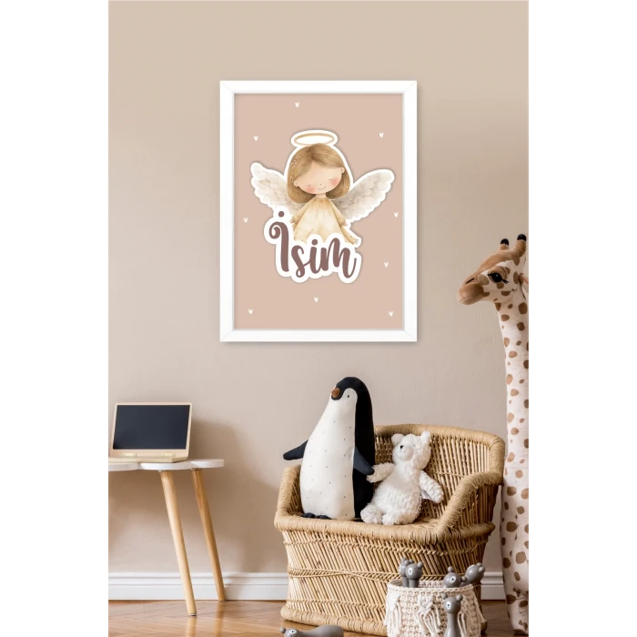 İsme Özel Boyutlu Melek Figürlü Beyaz Çerçeve 30x40 cm Tablo, Hastane Odası Kapı Süsü, Çocuk Odası, Dekorasyon