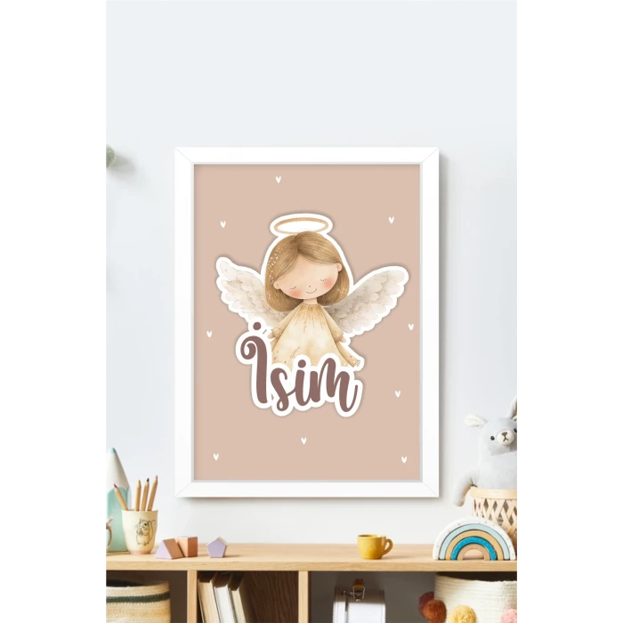 İsme Özel Boyutlu Melek Figürlü Beyaz Çerçeve 30x40 cm Tablo, Hastane Odası Kapı Süsü, Çocuk Odası, Dekorasyon