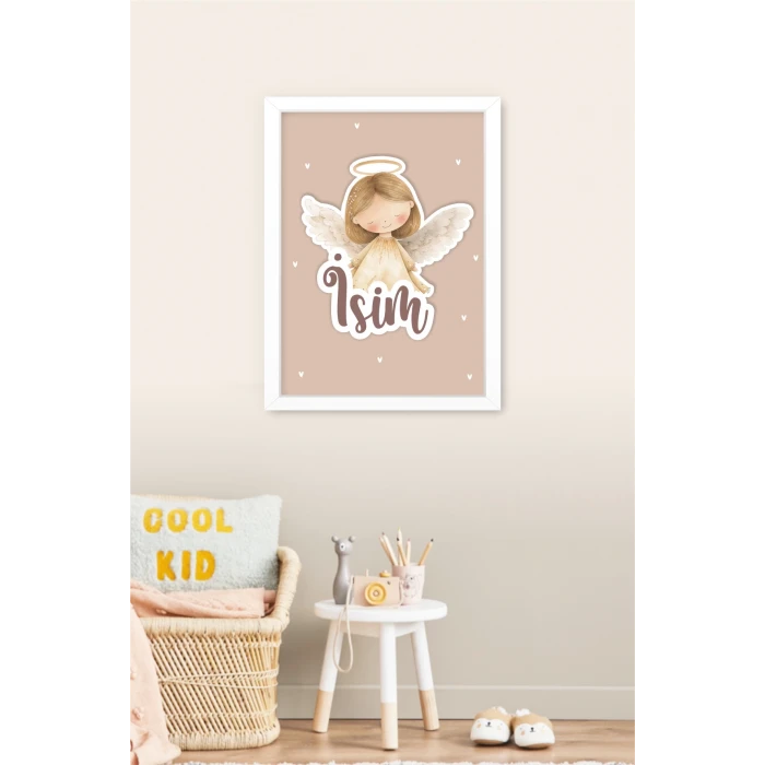 İsme Özel Boyutlu Melek Figürlü Beyaz Çerçeve 30x40 cm Tablo, Hastane Odası Kapı Süsü, Çocuk Odası, Dekorasyon