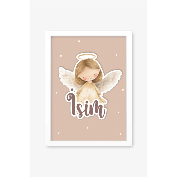 İsme Özel Boyutlu Melek Figürlü Beyaz Çerçeve 30x40 cm Tablo, Hastane Odası Kapı Süsü, Çocuk Odası, Dekorasyon